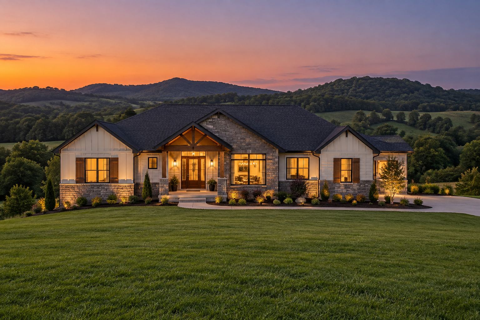 A brick traditional home at dusk, illustrative