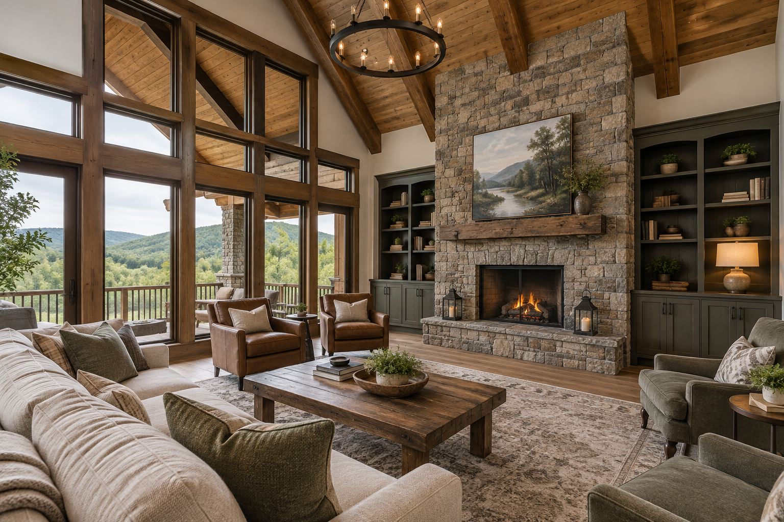 A warm craftsman great room, illustrative